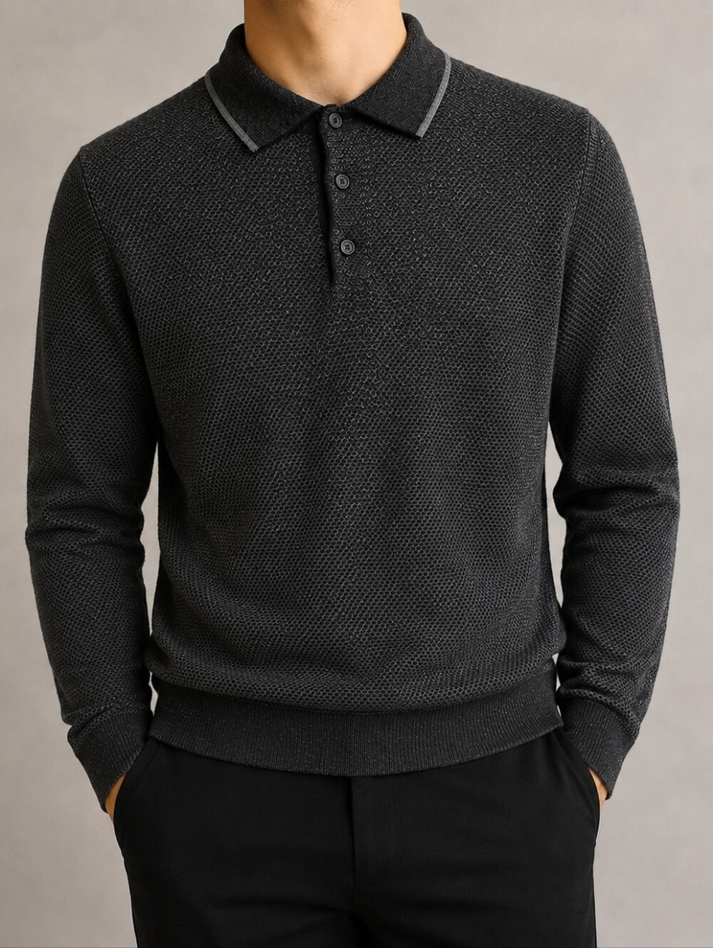 ZARA Men Textured Knit Long Sleeve Polo Sweater Charcoal Gray Size M